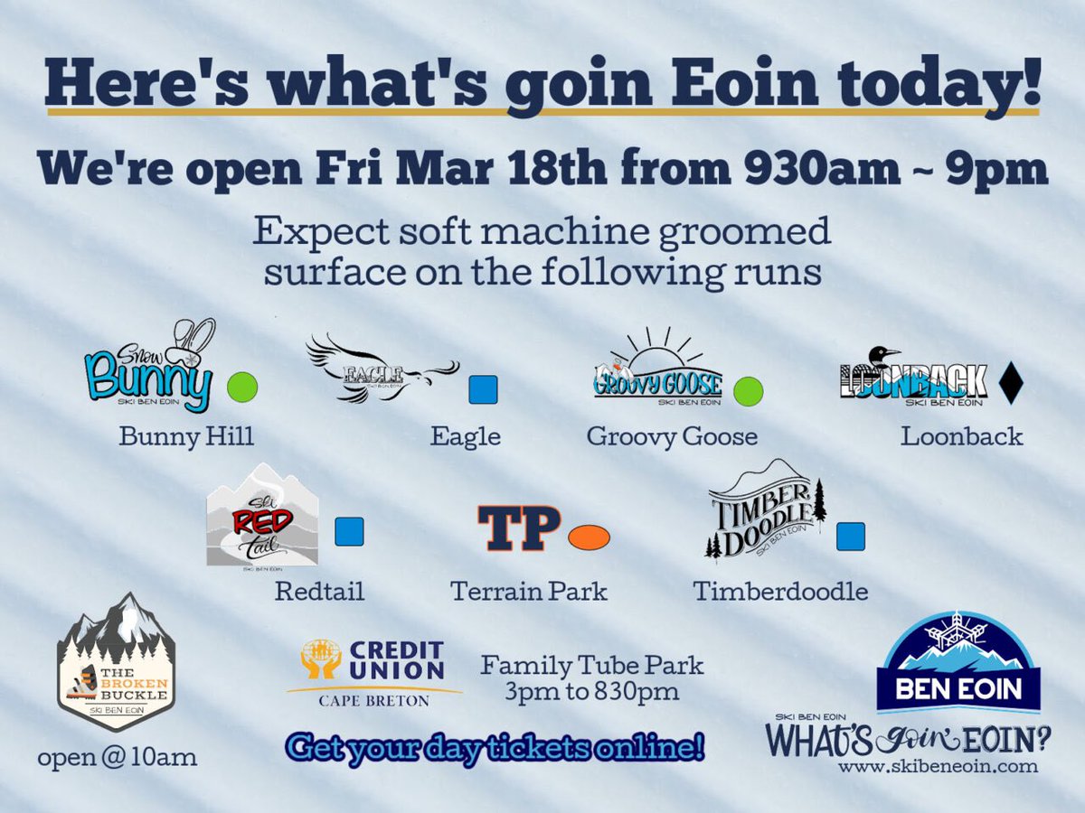Hey Snow Friends! We’re open today 9:30am - 9:00pm. Eagle, Groovy Goose, Loonback, Redtail, Terrain Park, Timberdoodle and the Bunny Hill are all open.

Expect spring conditions while you ski today.

Don’t forget to register for the Mad Tuck and Dummy Race next weekend.
