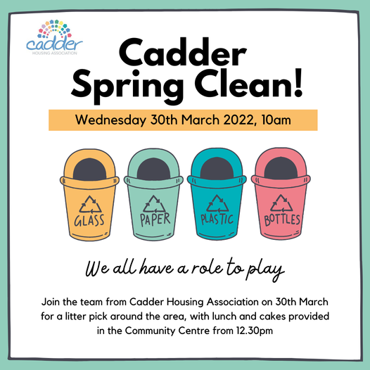 Join us on 30th March for a community litter pick and a chance to meet the new team at Cadder Housing Association. The event will start at 10am & refreshments will be provided at the Cadder Community Centre from 12.30pm🚮 More details at: tinyurl.com/2p8a4fav