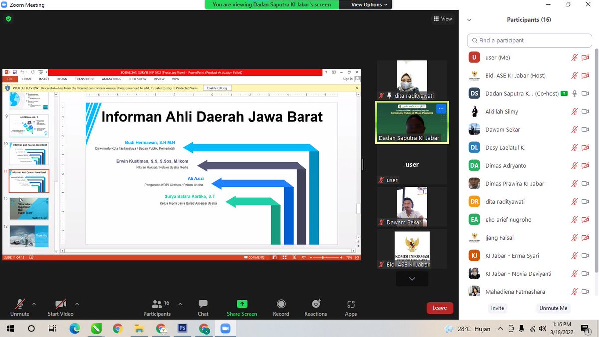 KIPJabar's tweet photo. Dokumentasi Rapat Perdana Kelompok Kerja Daerah Jawa Barat Untuk IKIP Tahun 2022
Jumat, 18 Maret 2022
Pukul 13.00 WIB - Selesai

cc: @komisiinformasipusat https://t.co/ofP6Q2Pw0v