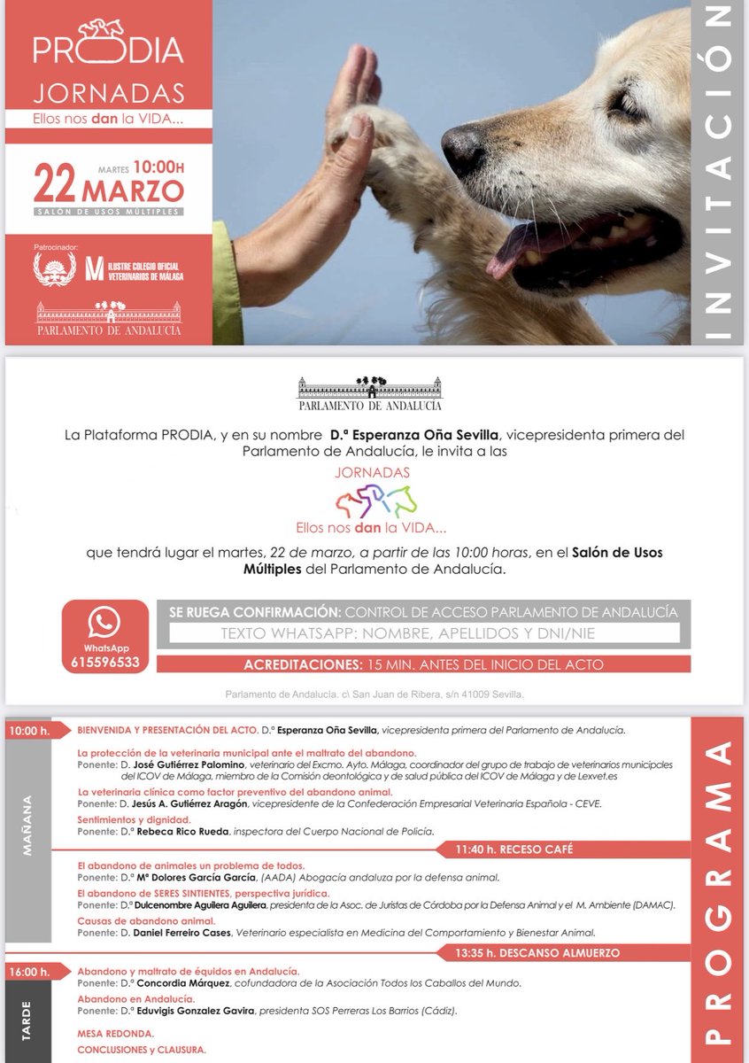 esperanzaona's tweet photo. Jornadas sobre Abandono Animal, analizado desde varios puntos de vista: policíal, jurídico, veterinario y desde las protectoras. Es en el Parlamento Andaluz. Contacta con el tfno de la invitación para la acreditación de entrada. https://t.co/qYgxUkKjoT