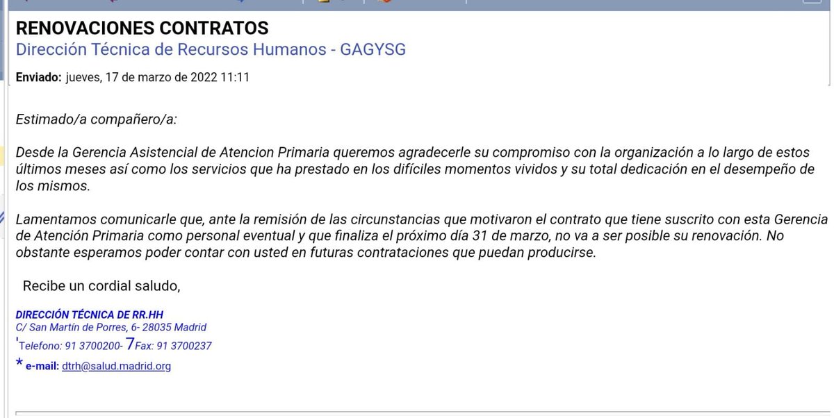 javierpadillab's tweet photo. Hace meses Ayuso criticaba que en Valencia se habían comunicado despidos de sanitarios por SMS.

Hoy llegan estos correos electrónicos sin siquiera personalizar "estimado/a compañero/a" para echar a quienes el sistema sanitario sin duda necesita.

El destrozo de lo básico. https://t.co/WLsjl4hN14