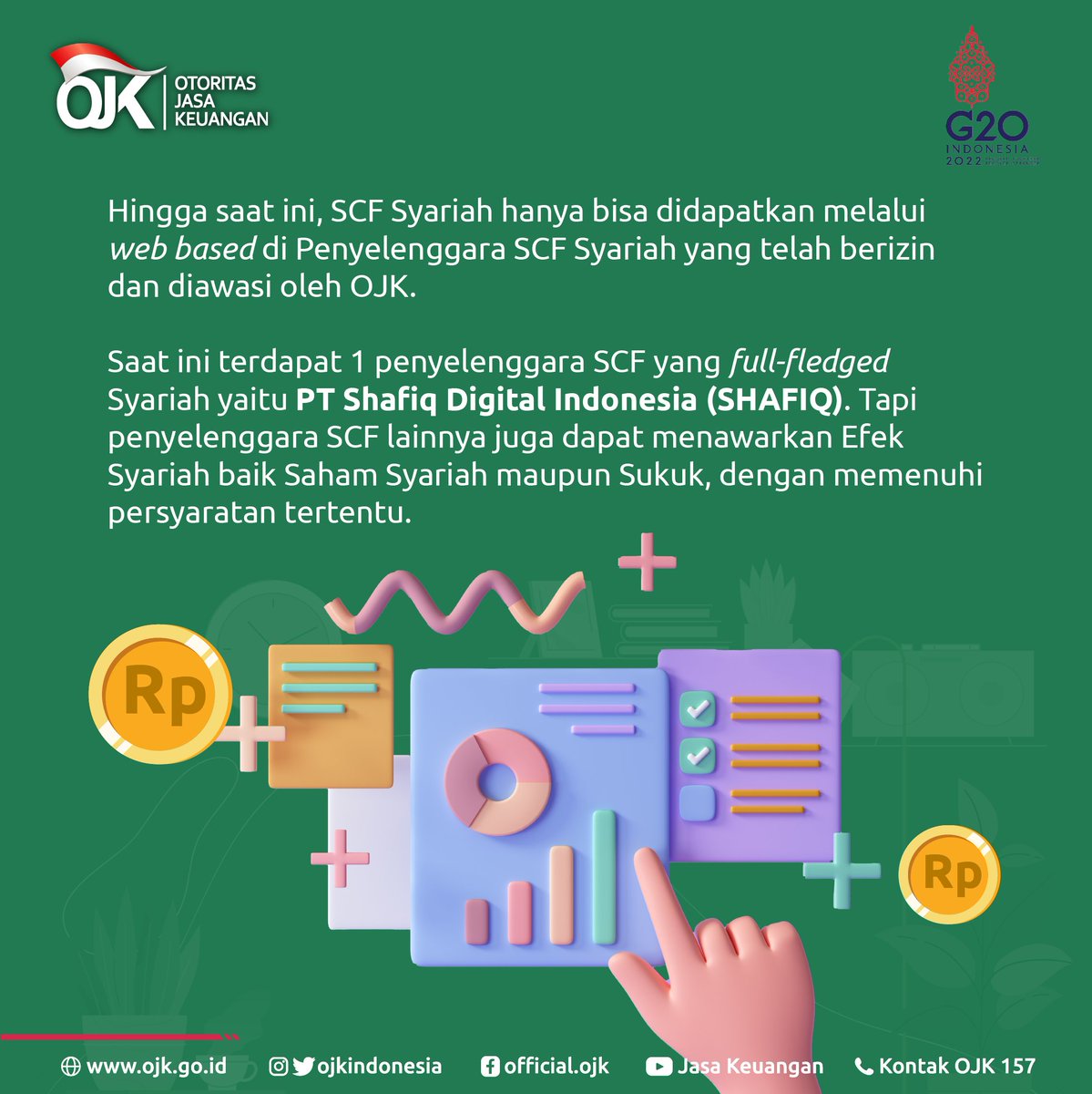 ojkindonesia's tweet photo. Nah SCF juga ada yang syariah lho. Seperti apa SCF syariah? Yuk simak pada postingan ini.

Sobat bisa mengecek daftar penyelenggara SCF yang berizin OJK ke Kontak OJK 157, melalui telepon 157, chat WA 081 157 157 157 atau email konsumen@ojk.go.id ya. https://t.co/2riUHkxVVH