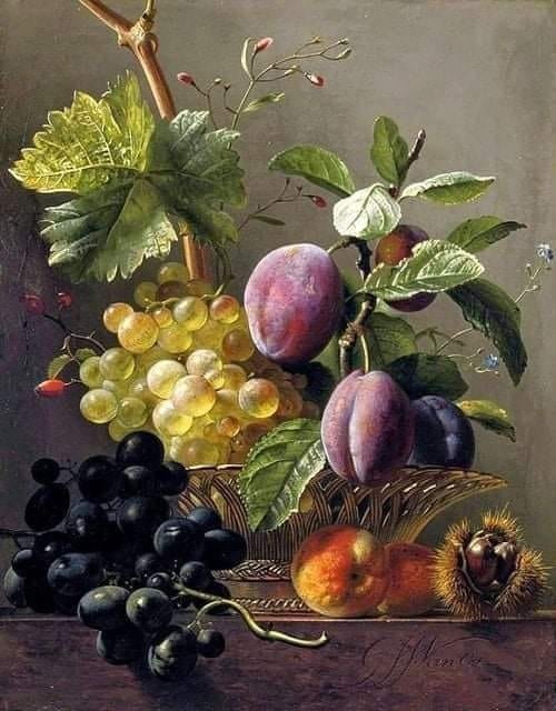 Still life with grapes, plums, peaches and chestnuts.  George Jacobus Johannes van Os (1782, The Hague, Netherlands, - 1861, Paris, France), Dutch artist.  More still lifes with fruit