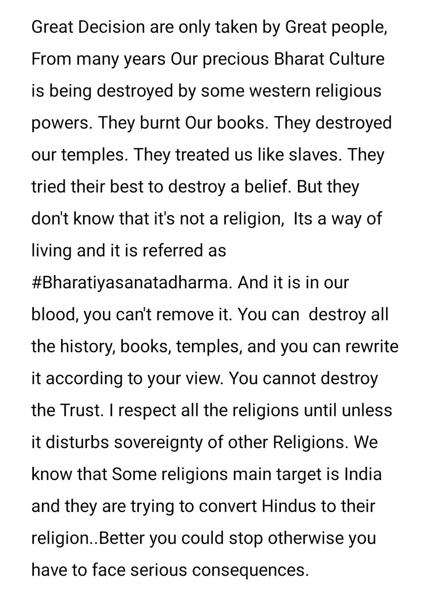 IntellectInd1's tweet photo. #BharatiyaSanatanadharm , #ProtectHinduCulture
I Respect all religions until it won't disturb other religions. Some politicians are supporting some wester religions and they are also supporting #oneworldonereligion , Well this is not gonna happen because we are Indians here. https://t.co/UdDyhc9f91