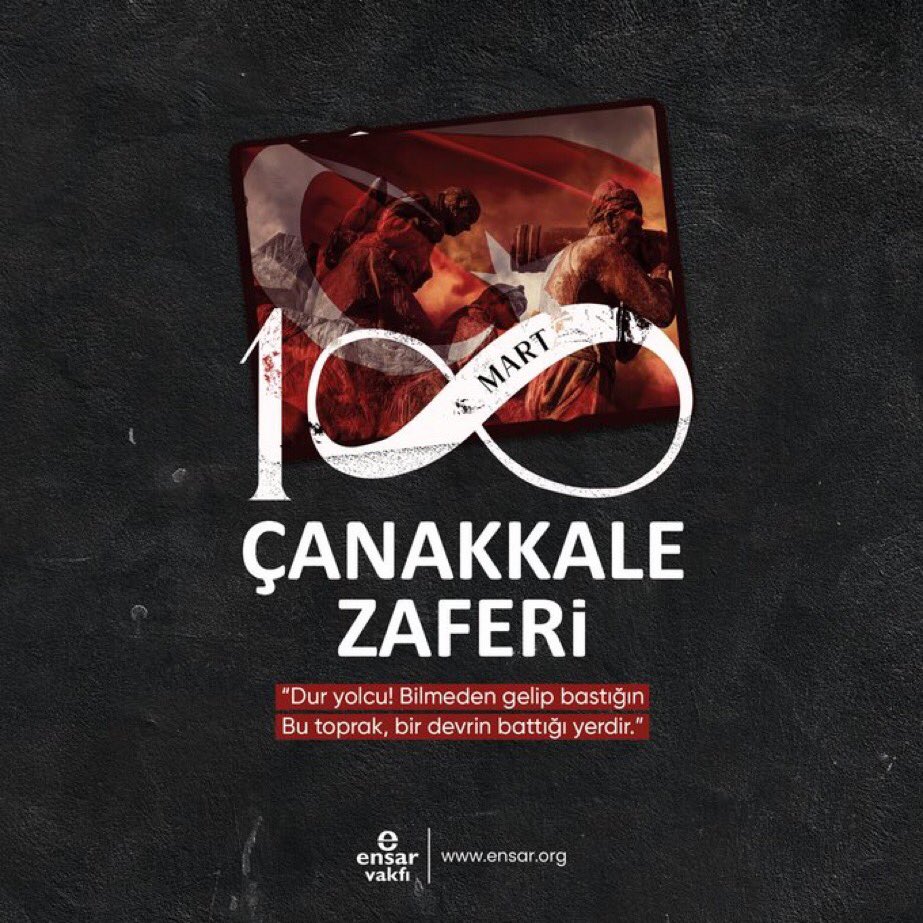 Bastığın yerleri 'toprak!' diyerek geçme, tanı:
Düşün altında binlerce kefensiz yatanı.
Sen şehit oğlusun, incitme, yazıktır, atanı:
Verme, dünyaları alsan da, bu cennet vatanı. 🇹🇷🇹🇷

18 Mart #CanakkaleZaferi destanının 107. yılında tüm şehitlerimizi rahmetle yâd ediyoruz. 🤲🏻