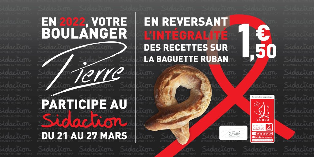 Pour participer au #Sidaction 2022 avec Aiutu Corsu, achetez la baguette ruban réalisée par notre partenaire Pierre Boulangerie Ajaccio du 21 au 27 mars. L'intégralité des recettes sera reversée à <a href="/Sidaction/">Sidaction</a> ! 👍👍👍
