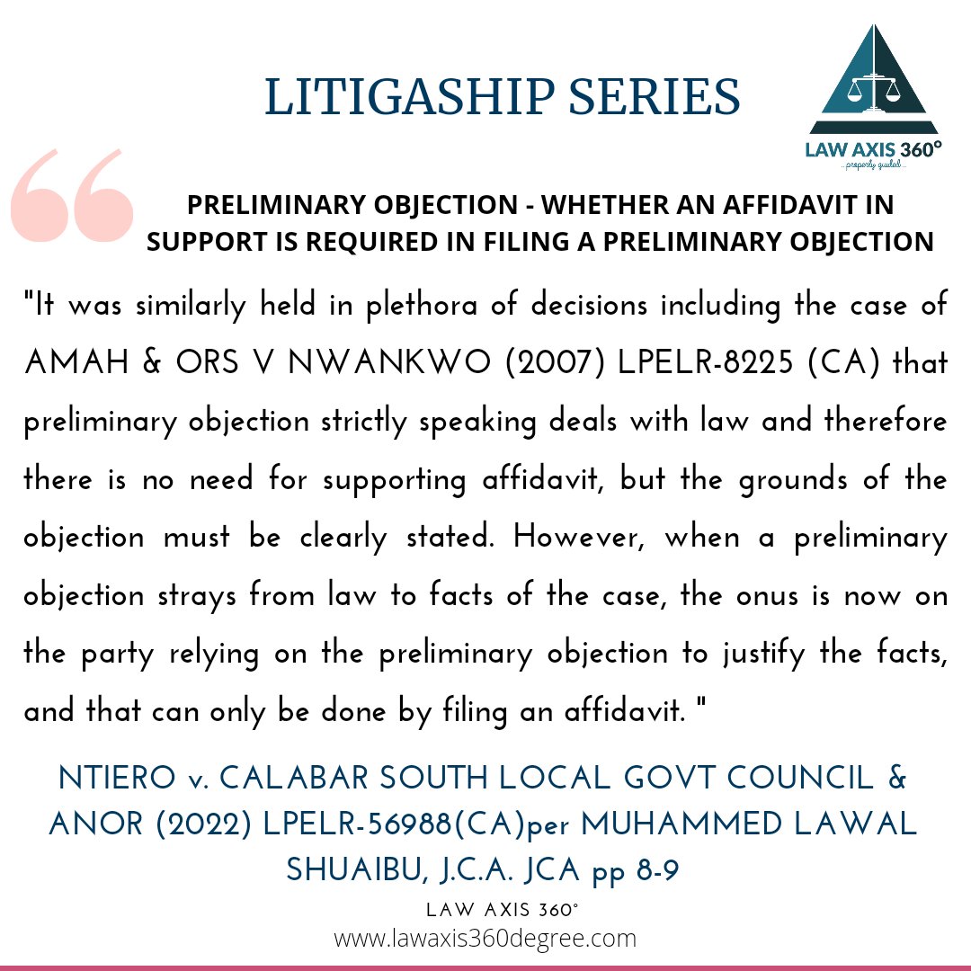 LawAxis360's tweet photo. This week on Litigaship Series features the stand of the court on whether an affidavit is mandatory for a preliminary objection.
See flyer for quote
#Lawyers #litigation #Legal #Court #APPEAL #litigashipseries #LitigationForum https://t.co/7QNV9aGpIX