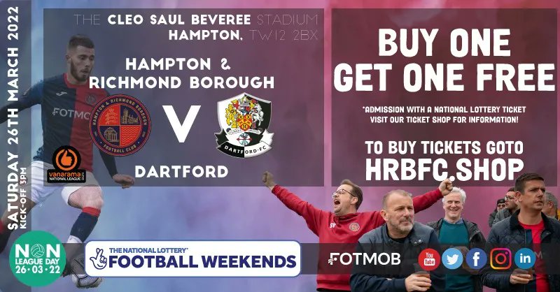🎟️ DARTFORD TICKETS BUY ONE GET ONE FREE 🎟️ 

Tickets for our home game against <a href="/dartfordfc/">Dartford FC</a> will be buy one get one free thanks to <a href="/TNLUK/">The National Lottery</a> 

This is the perfect time to bring a friend and show them what it's all about and why we love it

Details 👉 buff.ly/3JfUV0Z