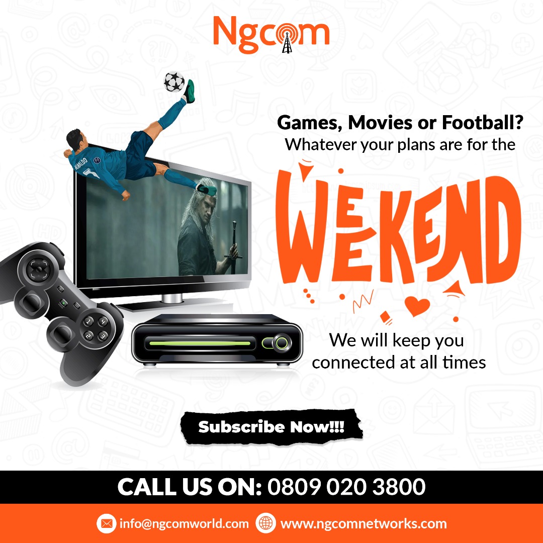 ngcom_net's tweet photo. It is that day of the week where the mood switches up!!
Whatever plans you have for the weekend, let NGCOM NETWORK keep you connected at all times.
CALL US ON: 08090203800 to enjoy a happy weekend.
#ngcom #ngcomnetworks #UnlimitedInternet #nodatacap #internetserviceprovider https://t.co/gAmKzEtmnk
