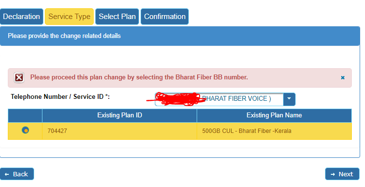 RenishTw's tweet photo. @BSNLCorporate 
I'm unable to change BSNL FFH plan through selfcare portal. I couldn't go past this step, check attached image. I have been trying this for months. This error message keeps showing up. Please fix this bug from your end. My BSNL Account Email: twrenish@gmail.com https://t.co/7jUNZEpxGX