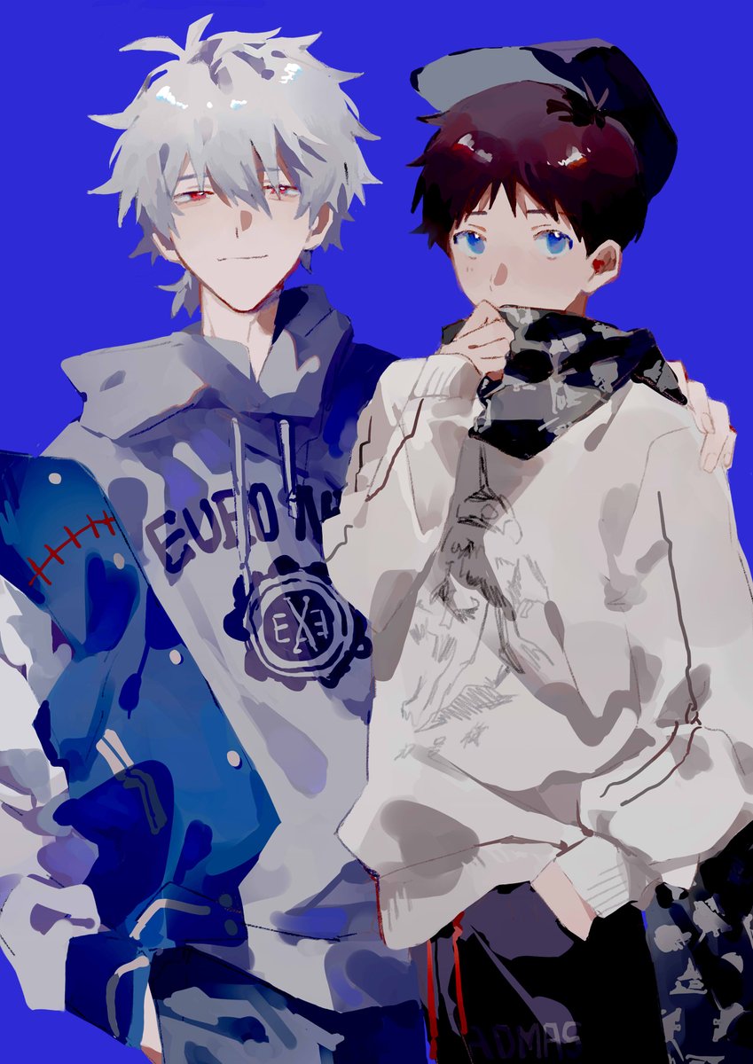 ikari shinji ,nagisa kaworu 2boys multiple boys male focus blue eyes red eyes hoodie scarf  illustration images