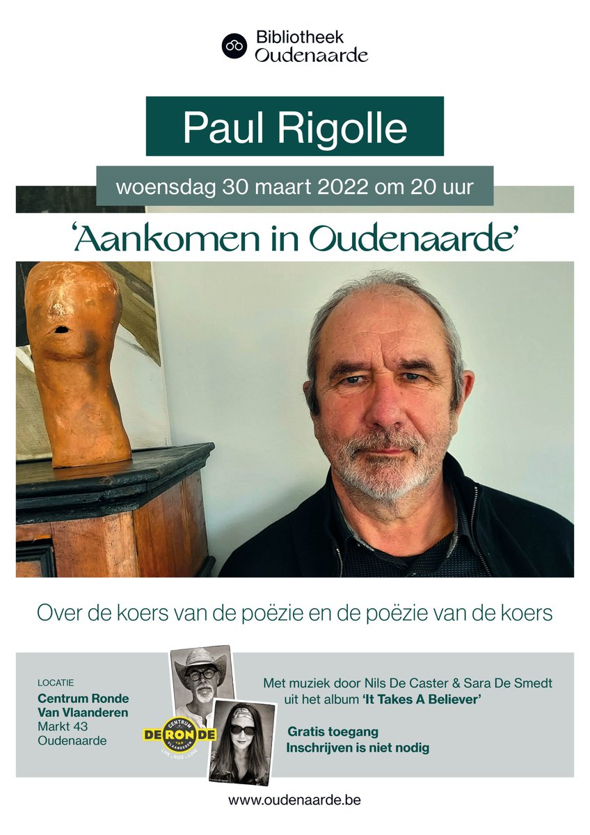 paulrigolle's tweet image. Over &quot;de koers van de poëzie&quot; en 

&quot;de poëzie van de koers&quot;

&quot;Aankomen in Oudenaarde&quot;
Iedereen welkom op 30/3/2022 in het CRvV! (gratis inkom)

#Crvv #centrumrondevanvlaanderen #aankomeninoudenaarde
#oudenaarde #hethartvanbitossi
