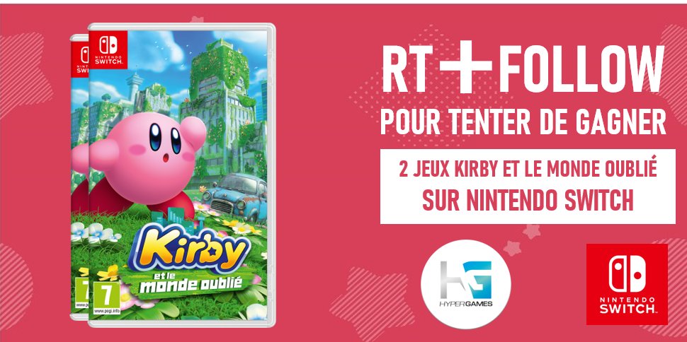 #Concours 🔥

À l'occasion de la sortie de Kirby et le monde oublié le 25 mars, tentez de gagner 1 jeu sur Nintendo Switch ! 😍
Au total 2 gagnants. 🎁
Pour participer :

➡ Follow <a href="/HypergamesA/">Hypergames Auchan</a>

➡ RT le tweet

TAS le 25/03 à 17h !
👉bit.ly/3tXS32c