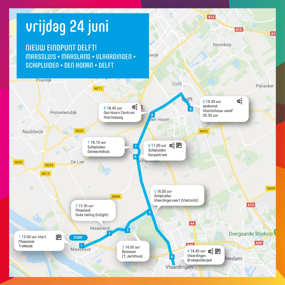 VarendCorso's tweet photo. De route is bekend!🗺

Van donderdag 23 juni tm zondag 26 juni vaart de
botenstoet vanuit het Westland over het water door het
Westland, Schipluiden, Vlaardingen, Maassluis, Delft
en.... Den Haag! https://t.co/eOgYLj0LDS
