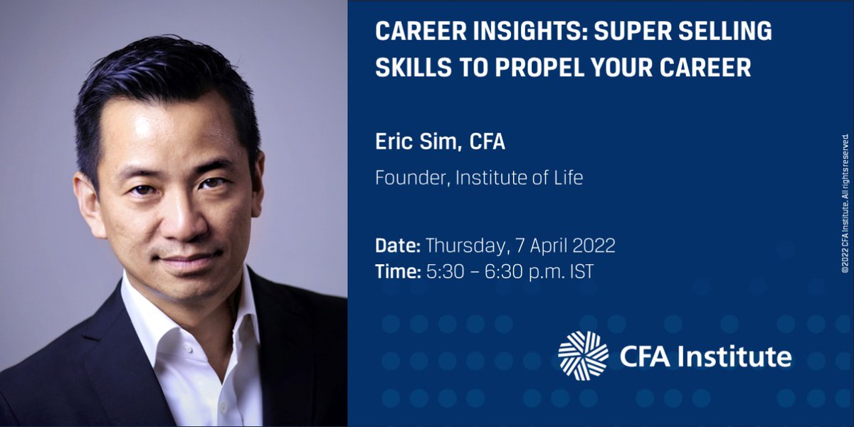 Book your seat to learn from the expert, <a href="/ericsim_iol/">Eric Sim</a>, Founder, Institute of Life, in this #webinar on “Career Insights: Super Selling Skills to Propel Your Career” happening on 7th April 2022 from 05:30 pm IST onwards.

Register here: cfainstitute-org.zoom.us/webinar/regist…

#learning