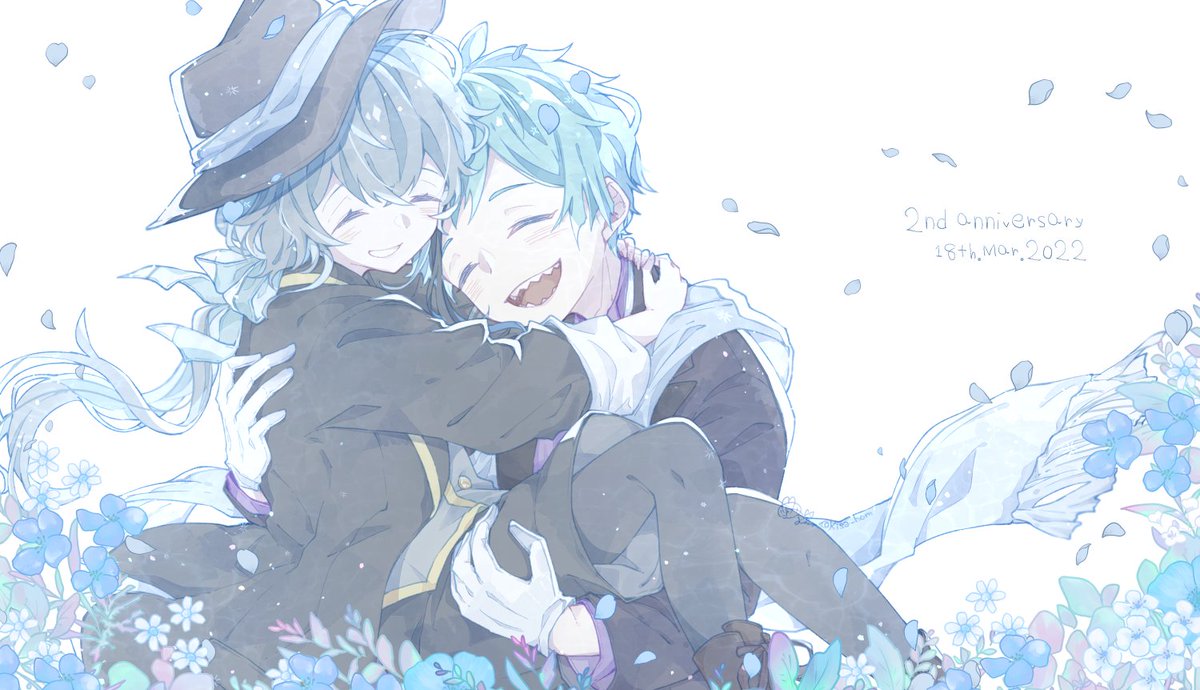 carrying closed eyes hat smile blue hair siblings gloves  illustration images