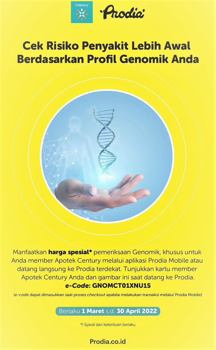 Hi Sahabat Century,
Sekarang Member Century bs digunakan di aplikasi Prodia Mobile dan di Lab Prodia langsung khusus untuk pemeriksaan Genomik. 
Cukup Tunjukan Kartu Member Century dan Gambar postingan ini saat datang ke Prodia atau gunakan e-Code saat Checkout di Prodia Mobile😊