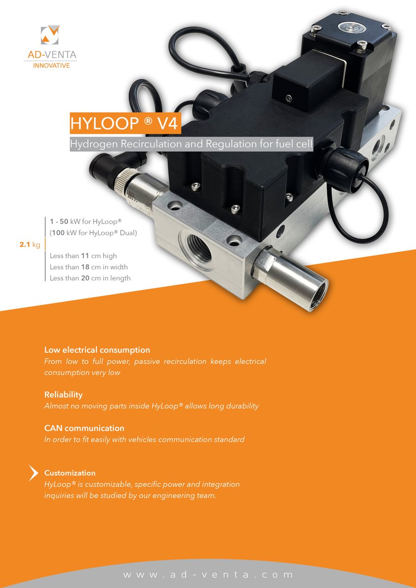 Ad_Venta's tweet image. H2 Recirculation ✨]
Here is HyLoop® v4 by @Ad_Venta: a component made for #Hydrogen fuel cell #Recirculation and #Regulation

Discover the features of HyLoop® v4

Interested in this innovation? Contact us for more information, contact@ad-venta.com, +33 4 75 48 87 47

#FuelCell