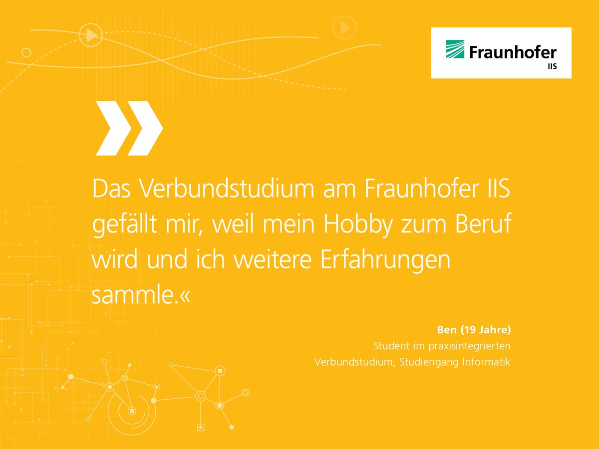 FraunhoferIIS's tweet photo. Erst Studium, dann Praxis? Falsch! Beim #Verbundstudium gibt‘s spannende, praxisorientierte Aufgaben vom 1. Tag des Studiums an. Für das duale Studium in Kooperation mit der FAU Erlangen-Nürnberg  könnt ihr euch noch bis zum 30.4. bewerben: https://t.co/WBOCrdQPho https://t.co/04Y9bvt2RC
