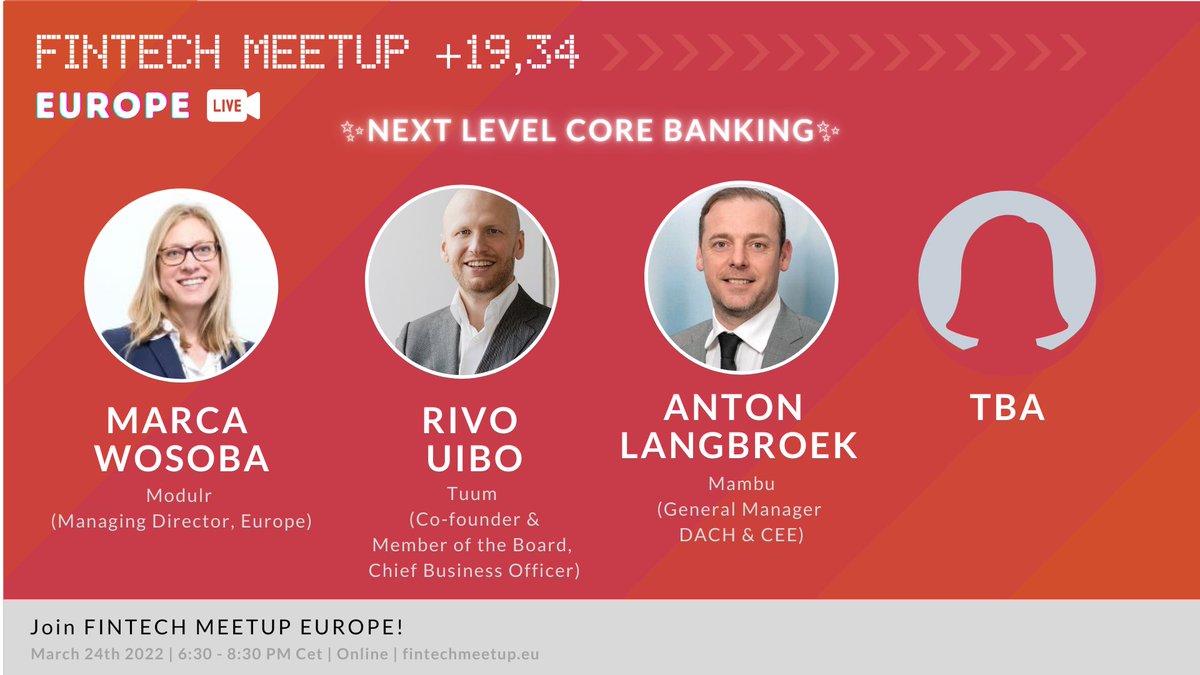 fintechmeetupeu's tweet photo. Next Thursday at FinTech Meetup Europe: The future of #CoreBanking!  @marcawosoba1 Anton Langbroek @rivouibo @fintech_weekly @Mambu_com @tuumplatform @ModulrFinance #saas  #fintech @koos @zemantify // get your free ticket 👉https://t.co/QB6mZL4aKI https://t.co/RihhDVr5MF