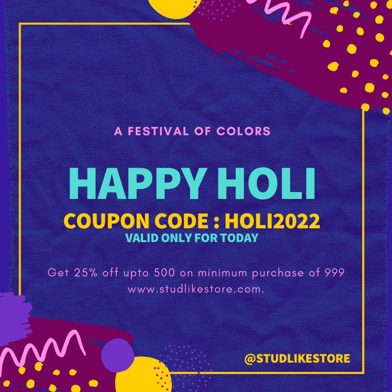 Stud_like's tweet photo. Happy Holi To All

🔥*Holi Offer* 🔥

Get 25% off Upto ₹500/- on minimum Purchase of 999/-

Use Coupon code : HOLI2022
*OFFER VALID ONLY FOR TODAY*

🙏🙏🙏🙏🙏🙏🙏🙏🙏🙏🙏🙏

🏬 STUDlike Store
🔹Worldwide Shipping
🔺7 Days return Policy
🏘️COD Available https://t.co/x3InkDRzRw