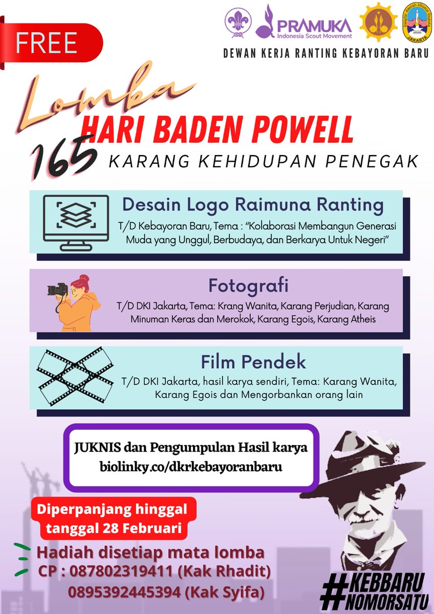 Satyaku Kudarmakan, Darmaku Kubaktikan

Salam Pramuka  ⚜️

Dalam rangka memperingati Hari Bapak Pandu Sedunia, DKR Kebayoran Baru mengadakan kegiatan perlombaan "Hari Baden Powell" dengan mengusung tema "Karang Kehidupan Penegak" .