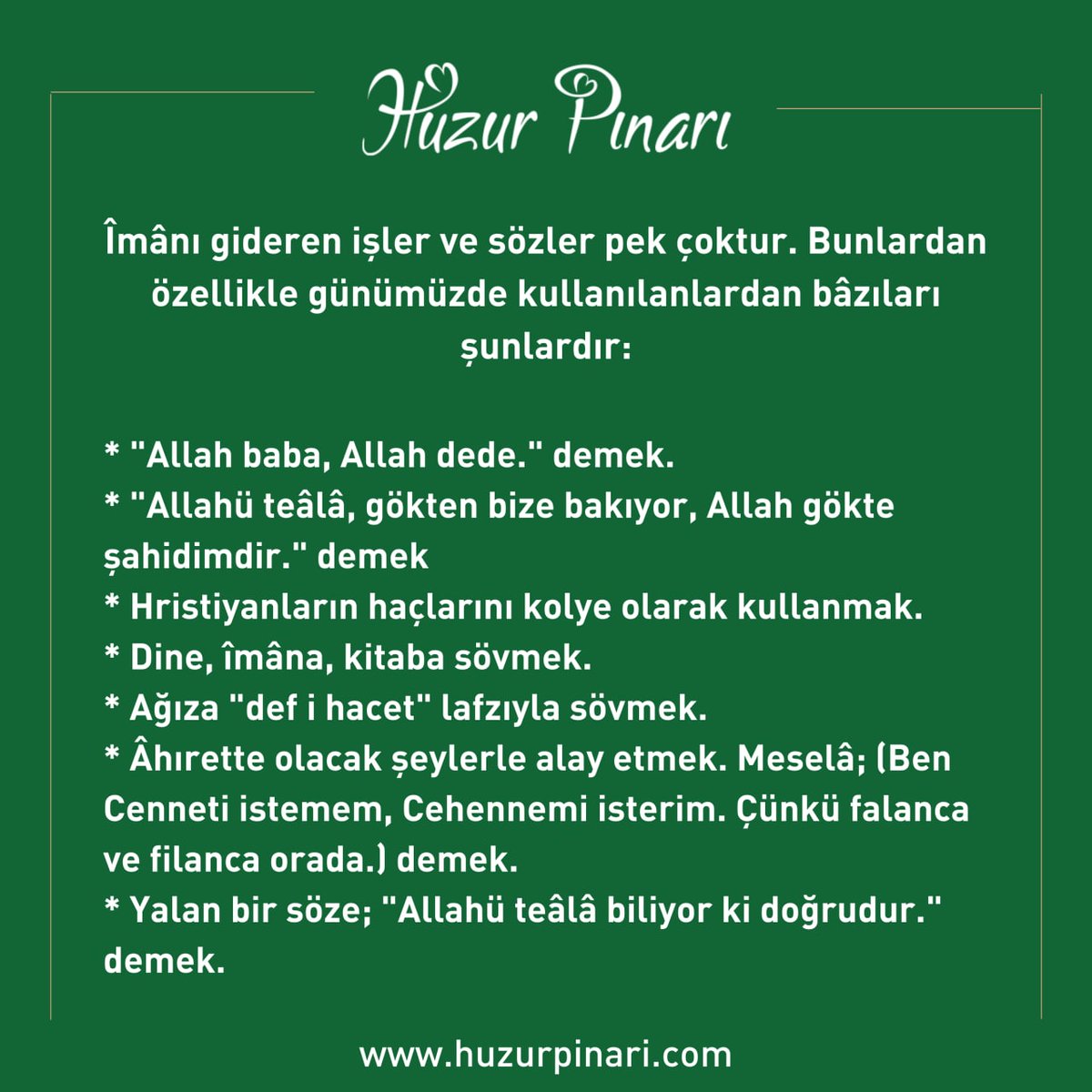Huzurpinaricom's tweet photo. 1️⃣En büyük nimet îmândır. Onu muhafaza etmek çok önemlidir. Îmânı muhafaza için, îmânı gideren sözleri ve işleri öğrenerek bunlardan sakınmalıdır. Îmânı gideren işler ve sözler pek çoktur. Bunlardan özellikle günümüzde kullanılanlardan bâzıları şunlardır:+ https://t.co/okv3Fnf8ie