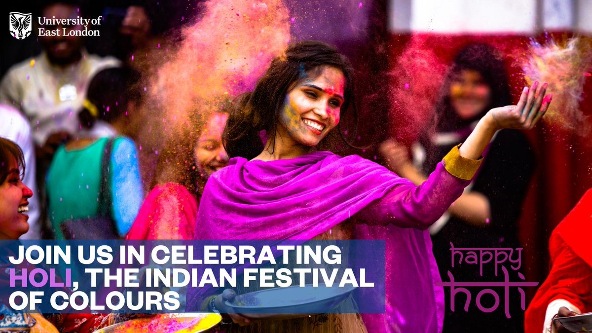 Happy Holi 🎊 

In this festive season, we would like to invite you to experience some of the traditions of the #FestivalOfColours with a Colour Run, free food and a UV #Bollywood night.

Tonight from 6:30 PM at 📍Docklands Campus!

@uelunion <a href="/IndianUel/">UEL Indian Society</a> #UELStudents #Holi22