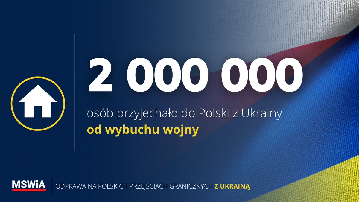 🇵🇱🇺🇦 #RaportUkraina

Dzisiaj o godz. 9:00 liczba osób, które uciekły do Polski przed wojną w Ukrainie, przekroczyła dwa miliony.