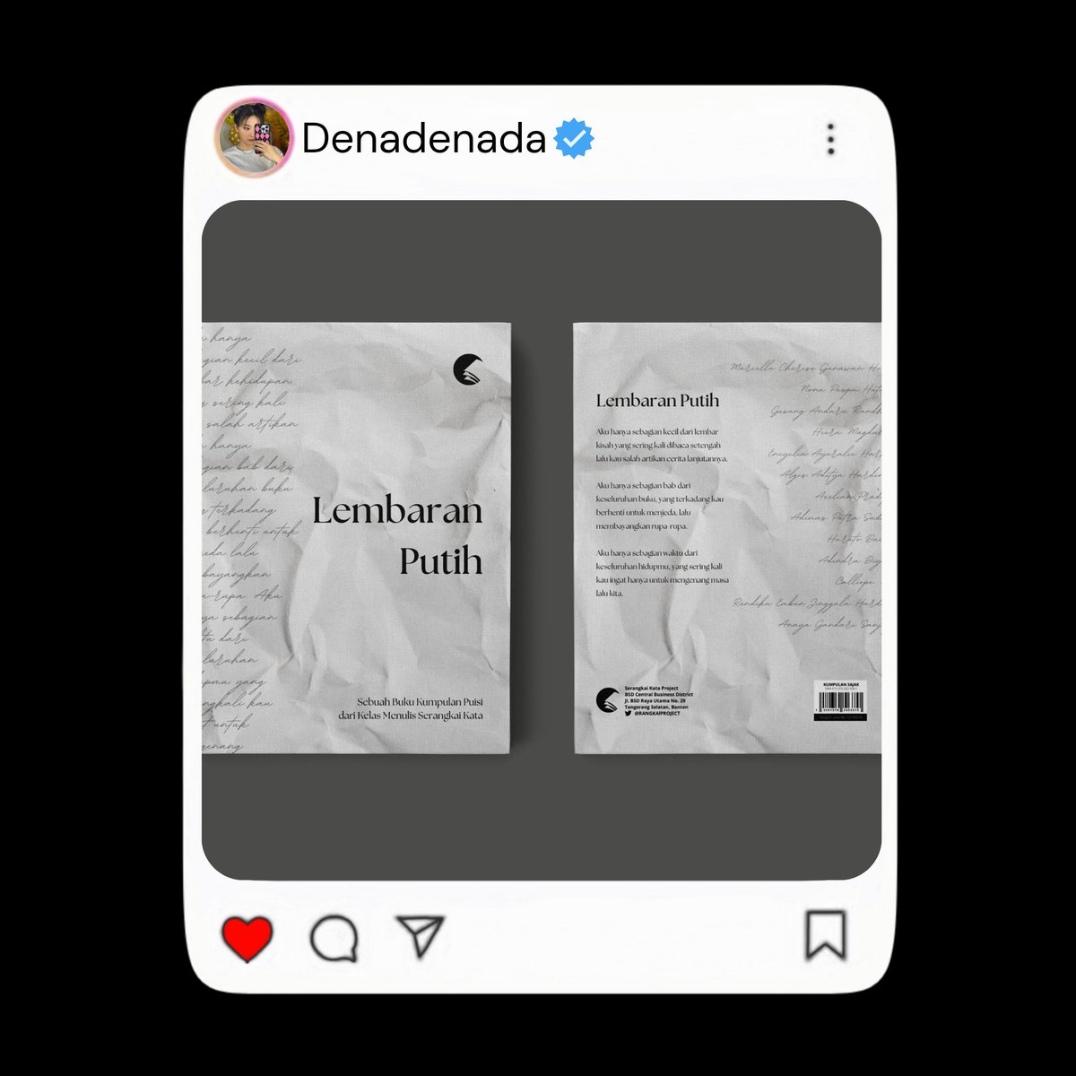 ㅤ
ㅤ
𝐃𝐞𝐧𝐚𝐝𝐞𝐧𝐚𝐝𝐚 instagram update

Buat para penggemar buku, ada informasi penting! Serangkai kata (<a href="/RANGKAlPROJECT/">Serangkai Kata Project</a>) baru saja mengeluarkan sebuah buku berjudul lembaran putih.
ㅤ
ㅤ