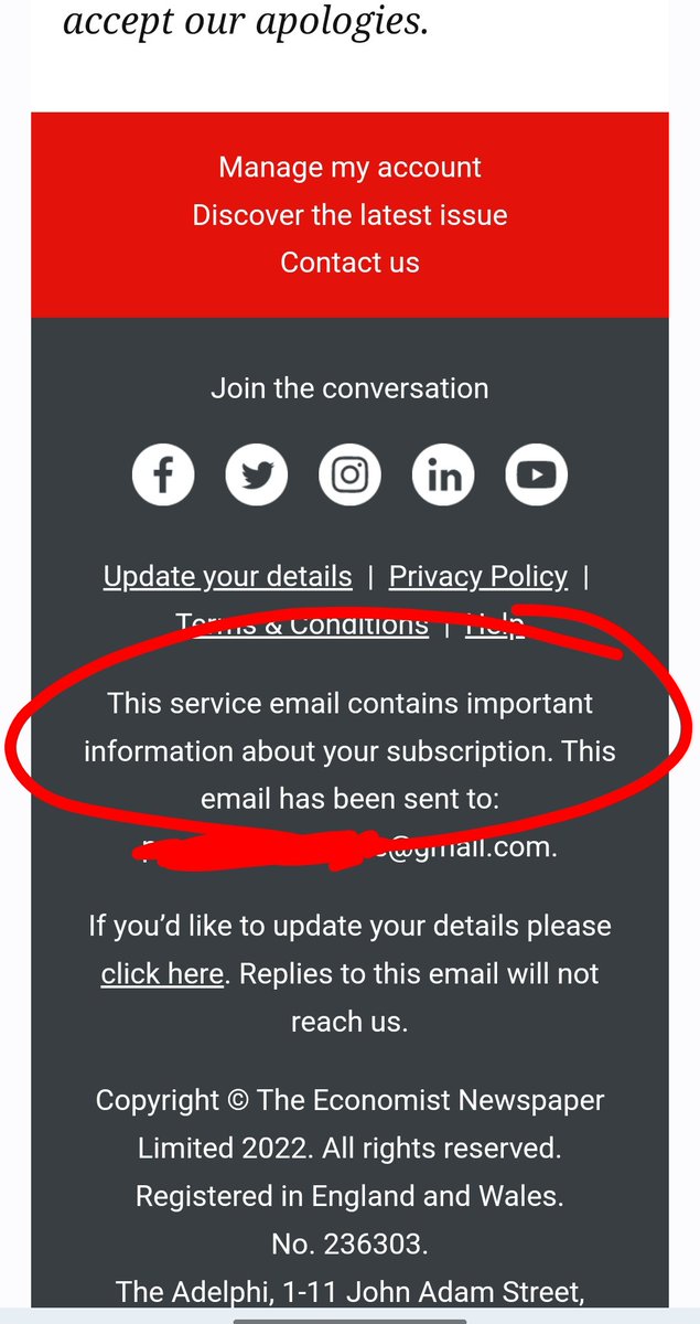 Hey <a href="/TheEconomist/">The Economist</a> can you please abide by the law, respect your customers' comms preferences and stop using service emails (impossible to unsubscribe from) to push your promotional events?