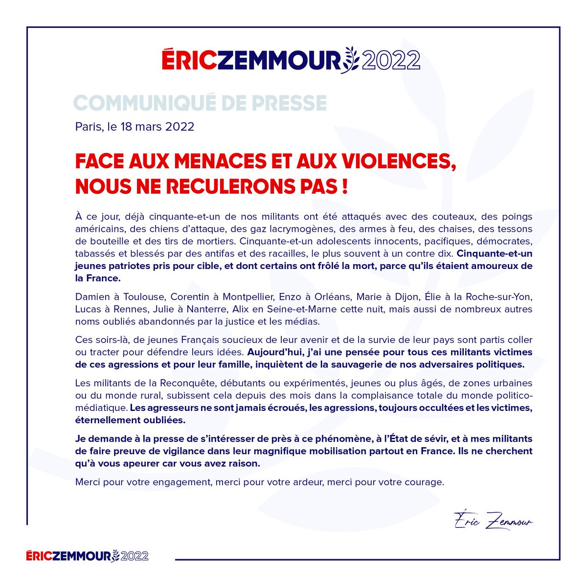 ZemmourEric's tweet photo. Face aux menaces et aux violences, nous ne reculerons pas ! https://t.co/NPykr06mWG