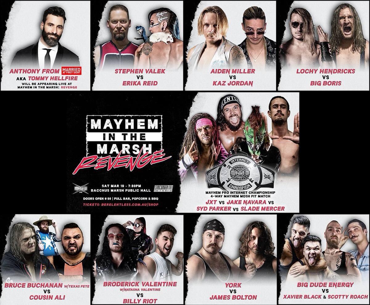 MayhemPro_'s tweet photo. 🚨TOMORROW NIGHT🚨
The card for Mayhem in the Marsh: Revenge!
Tickets will be available at the door.
Full bar, BBQ and Pop corn available
Doors 6:30pm - Bell time 7:30pm
SAT - MAR 19
Bacchus Marsh Public Hall
#MITMRevenge https://t.co/BPniNvPybh