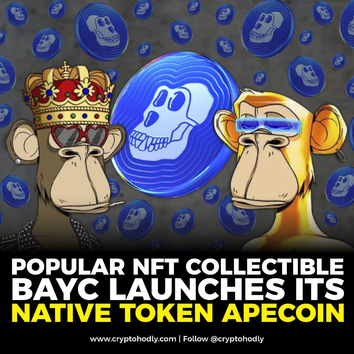 cryptohodly's tweet photo. Bored Ape Yacht Club NFT, the most valuable Non-Fungible Token collectible to date, has launched its native crypto token, ApeCoin on Thursday

#bayc #apecoin #nft #blockchain https://t.co/0oPhqxrlWk