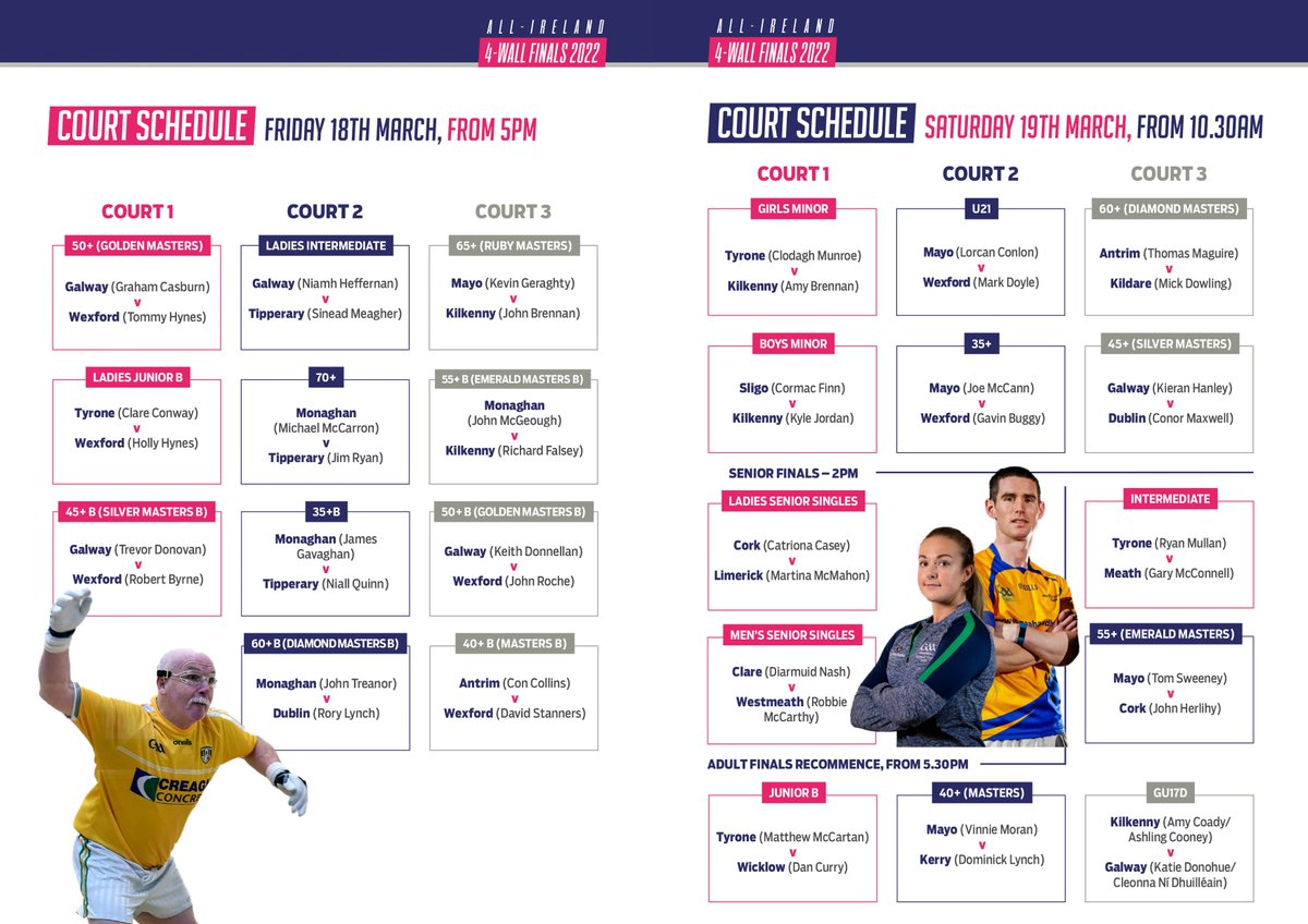 GAA_Handball's tweet photo. ���𝗶𝗻𝗮𝗹𝘀 𝗪𝗲𝗲𝗸𝗲𝗻𝗱 - 𝗖𝗼𝘂𝗿𝘁 𝗦𝗰𝗵𝗲𝗱𝘂𝗹𝗲𝘀

Our three day 2022 All-Ireland 4-Wall Finals Weekend kicks off this evening with the start of the Adult &amp; Masters Finals.

See below for the Court Schedules for the Weekend.... https://t.co/XoBtQbH3xc