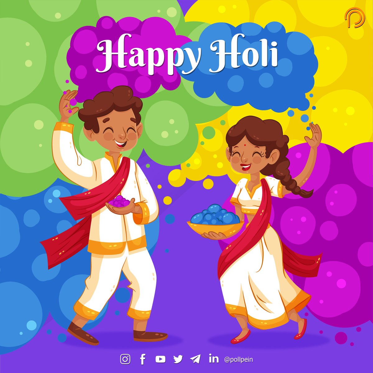 pollpein's tweet photo. This Holi don't just spread colors. Spread positivity, freedom, hope, and love. PollPe wishes you and your family a very happy and prosperous Holi💜🌈
#Holi2022 #PollPeEarnKarBefikar #PollPe https://t.co/uoLelkRAf6