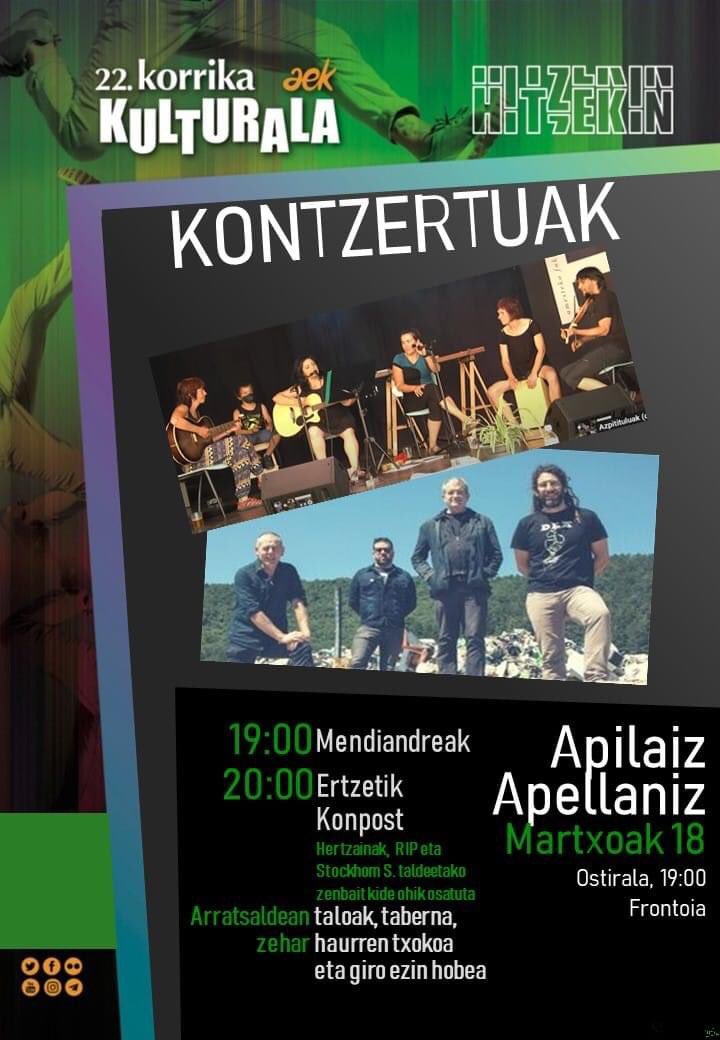 MendialdeaRadio's tweet photo. #Actividades para el fin de semana.

Astebururako aktibitateak!

𝐕𝐢𝐞𝐫𝐧𝐞𝐬-𝟏𝟖-𝐨𝐬𝐭𝐢𝐫𝐚𝐥𝐚

🎸 Kontzertuak - #Apilaiz https://t.co/Bm1wjhfk2C