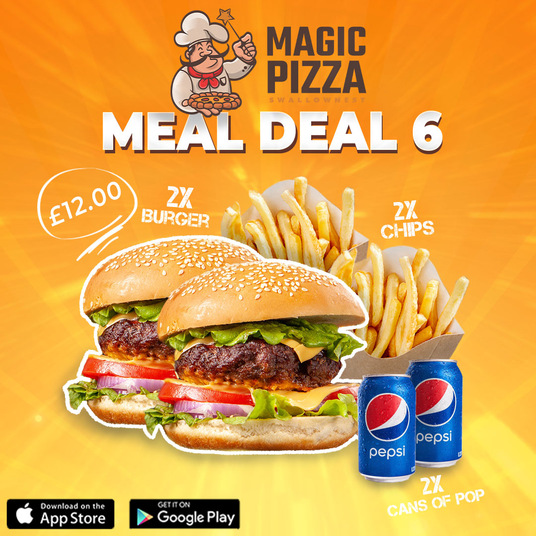 Here's the perfect meal deal for you two! Any 1/2 lb 2 x Burgers, 2 x Chips, 2 x Cans of Pop only £12.00
Order The Meal Deal 6 1/2 lb Now!
magicpizzaswallownest.uk/menu
#rotherham #bestintown #swallownest #rotherhamfood