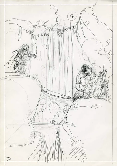 滝の絵は、初めはもっと平板な構図でした。アングルを変えてグッと奥行きのある絵に…(^ω^)#illustration #イラスト #HitoshiYoneda #米田仁士 #Watercolor #水彩 #SORCERIAN #ソーサリアン 