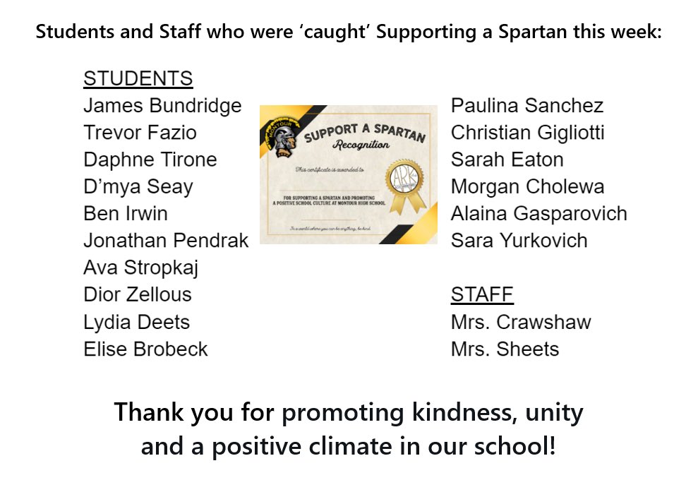 Thanks to the following <a href="/hilltopspartan/">Montour High School</a> students and staff for supporting others this week. #MontourProud