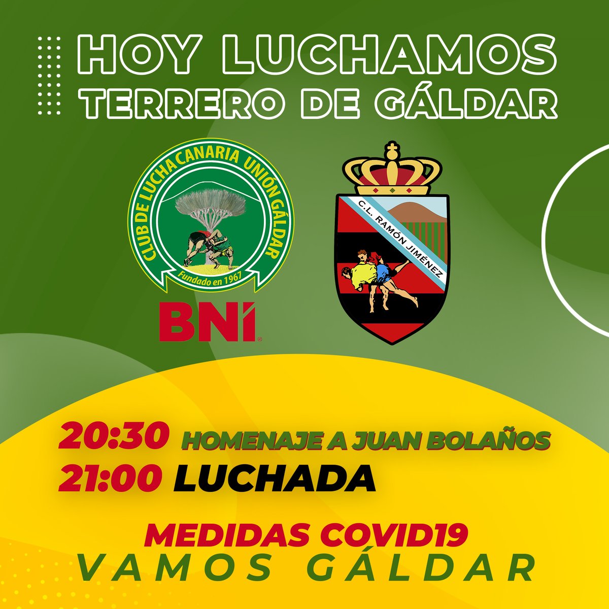 uniongaldar's tweet photo. 𝗛𝗢𝗬 𝗟𝗨𝗖𝗛𝗔𝗠𝗢𝗦 🏰 | ¡Llegó el día! Hoy recibimos al Ramón Jiménez, actual líder imbatido de la categoría.

🙏 Antes de la luchada acto de homenaje a Juan Bolaños
🕗 𝗮 𝗹𝗮𝘀 𝟮𝟬:𝟯𝟬 𝗵𝗼𝗿𝗮𝘀

#BNILP #GiverGains #LuchaCanaria #CapitalDeLosGuanartemes https://t.co/fYfwh9jpQf