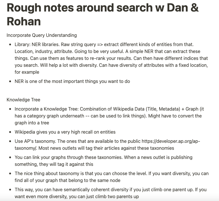 rishdotblog's tweet photo. Side note: *massively* grateful to @Daniel_RSilva and @rohanramanath for their advice on improving our search architecture (rough notes below) https://t.co/O9SMF29lmE