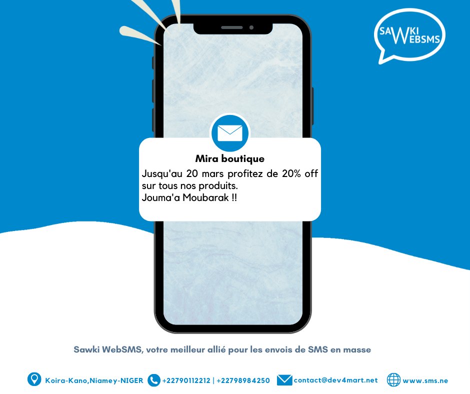 dev4smart's tweet image. Bonne prière de vendredi !

Avec Sawki WebSMS envoyez des SMS de fidélisations, promotionnels ou transactionnels et prenez de l&apos;avance sur vos concurrents.

Infoline au +22790112212 | sms.ne

@Dev4smart, pensez-l&apos;innovation!
#SawkiWebSMS #SMSMarketing #BulkSMS