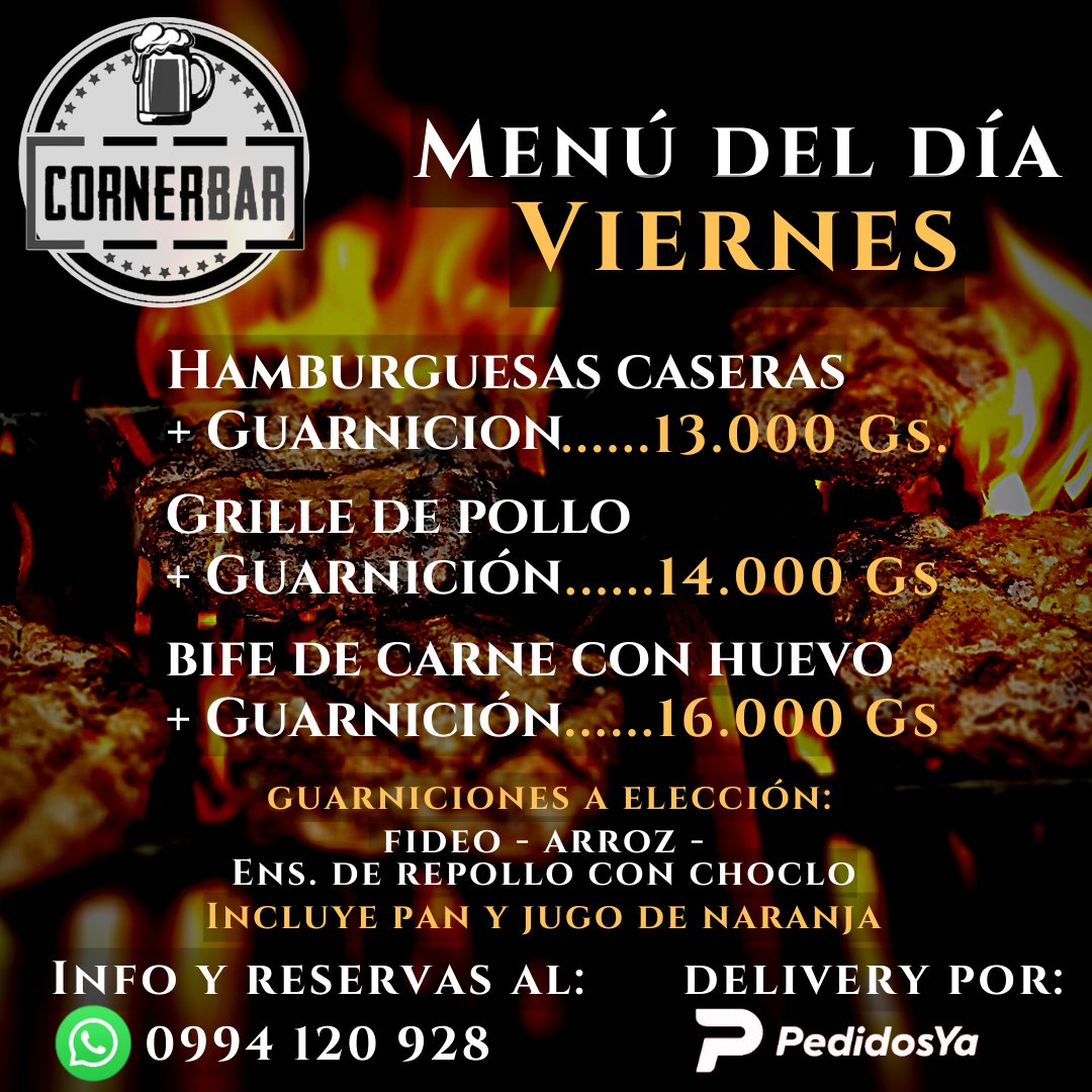 CornerBarpy's tweet photo. Viernes de burgers caseras🍛
A partir de las 11:30hs🕦

Menú⬇️ (Incluye Jugo🍹y pan 🥖)

Hamburguesas caseras encebolladas al plato🍛🤤
+ Guarnición =13mil🤩

Reservas al Wha 0994 120 928 📨
Delivery a través de la app de Pedidos Ya 😎 https://t.co/QXyxIAYfdD