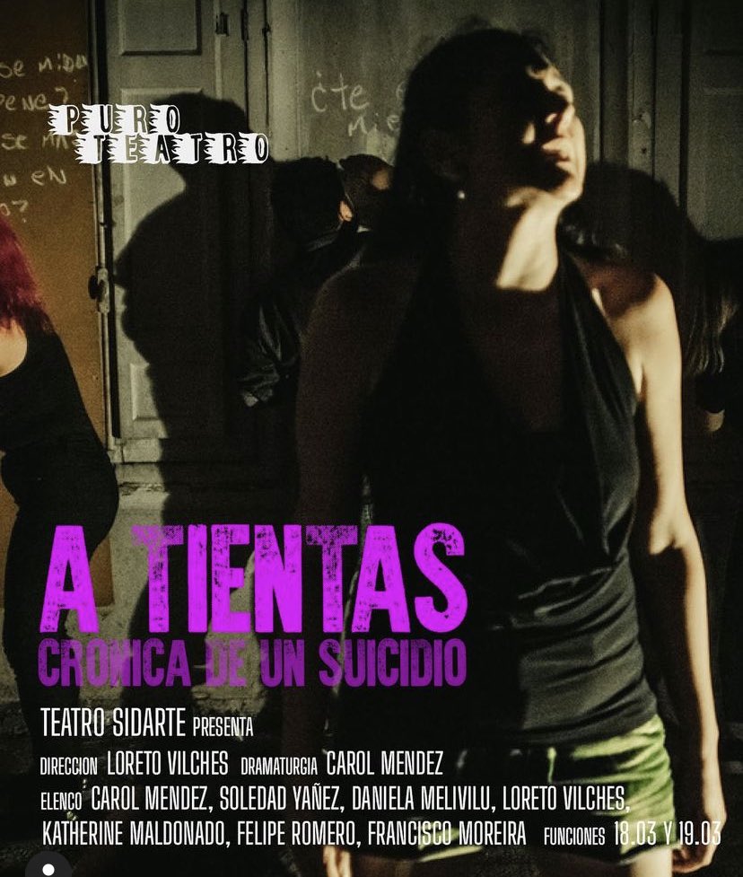 Hoy y mañana en nuestro ciclo feminista Presentamos:
Obra: “A Tientas. Crónica de un suicidio”
➡️ 18 y 19 de marzo a las 19:30 hrs.
Entradas: Programa "Paga Lo Que Puedas", valores $5.000 y $7.000.
ticketplus.cl
<a href="/RedSalasTeatro/">Red Salas de Teatro</a> 
#mesdelamujer #venalteatro #sidarte