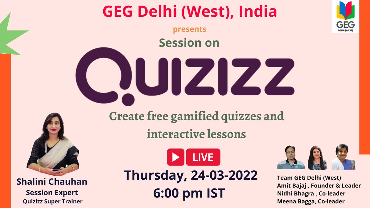 Let’s learn &amp; explore how to Create Free Gamified Quizzes and Interactive Lessons to engage any learner.
Join us for this amazing session on Thursday, 24-03-2022 at 6:00 pm IST 
youtu.be/mUP2KSKyNRI
<a href="/quizizz/">Quizizz (now Wayground)</a> #quizizz #SharingIsCaring
Regard
Team GEG Delhi (West)