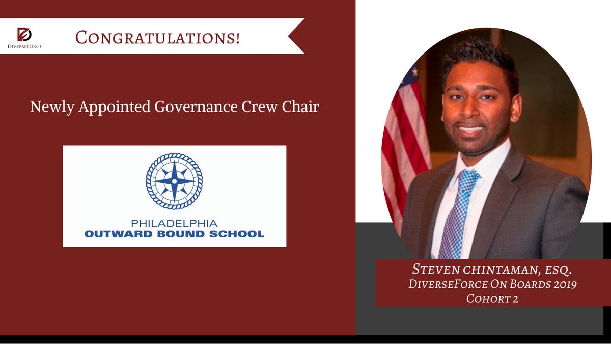 DiverseForce's tweet photo. Huge congratulations to Steven Chintaman, an alumnus of our DiverseForce On Boards Cohort 2, for becoming the newly appointed Governance Crew Chair for Philadelphia Outward Bound School's Board of Trustees (@OutwardBoundPHL).
#diverseforce, #diverseforceonboards https://t.co/vCknGPmcOX