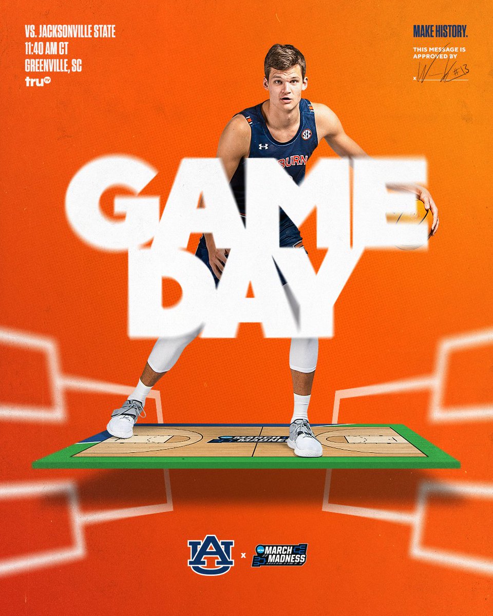 AuburnMBB's tweet photo. Gameday! 

⌚️ 11:40 a.m. CT 
📍 Bon Secours Wellness Arena
📺 @truTV 

#WarEagle x #MarchMadness https://t.co/tHbWBPWefY