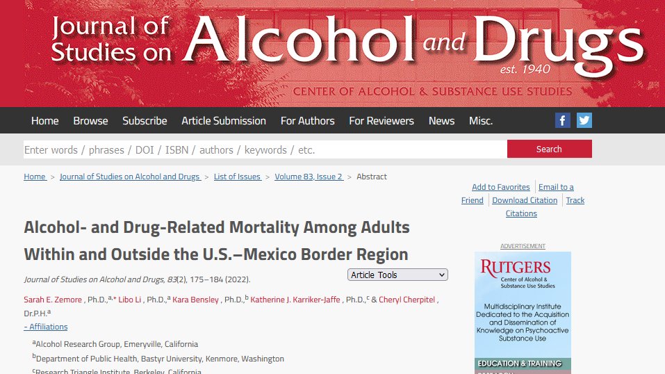 JSADJournal's tweet photo. Alcohol- and Drug-Related Mortality Among Adults Within and Outside the U.S.–Mexico Border Region (new in @JSADJournal 83/2)
@KBensley @argphi @PHIdotorg @RTI_Intl #alcohol #alcoholresearch
https://t.co/k40iTd6NaV https://t.co/RGAMi5Szcc