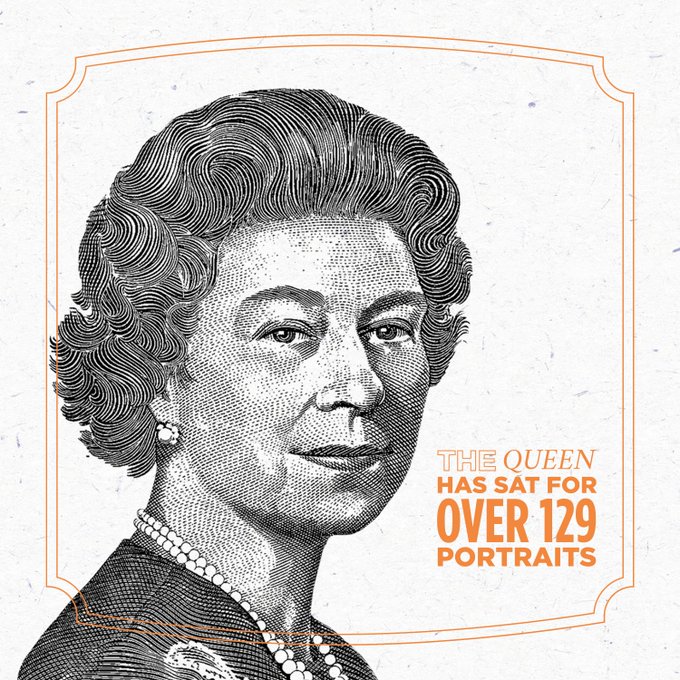 An image of The Queen on a white background with orange text reading: The Queen has sat for over 129 portraits.
